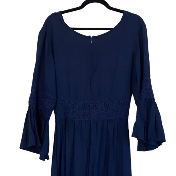Indah Midnight Navy Blue Crochet Accent Tiered Bell Sleeve Maxi Dress Sz L - Picture 5 of 12
